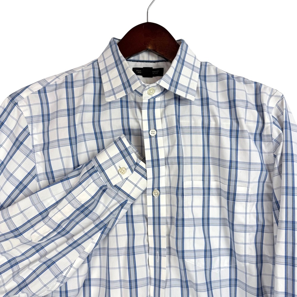 Banana Republic Mens L 16-16.5 Blue Plaid Non-Iron Classic Fit Preppy Office